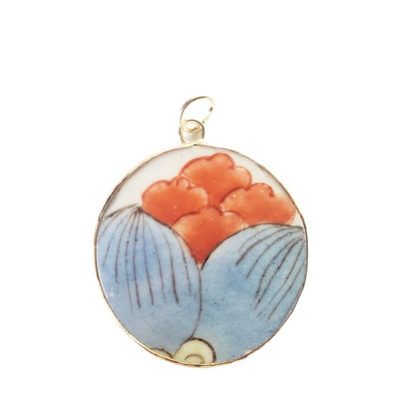 Jewelry - Vintage Hand Painted Porcelain Floral‎ Round Pendant Blue Orange Pottery Shard